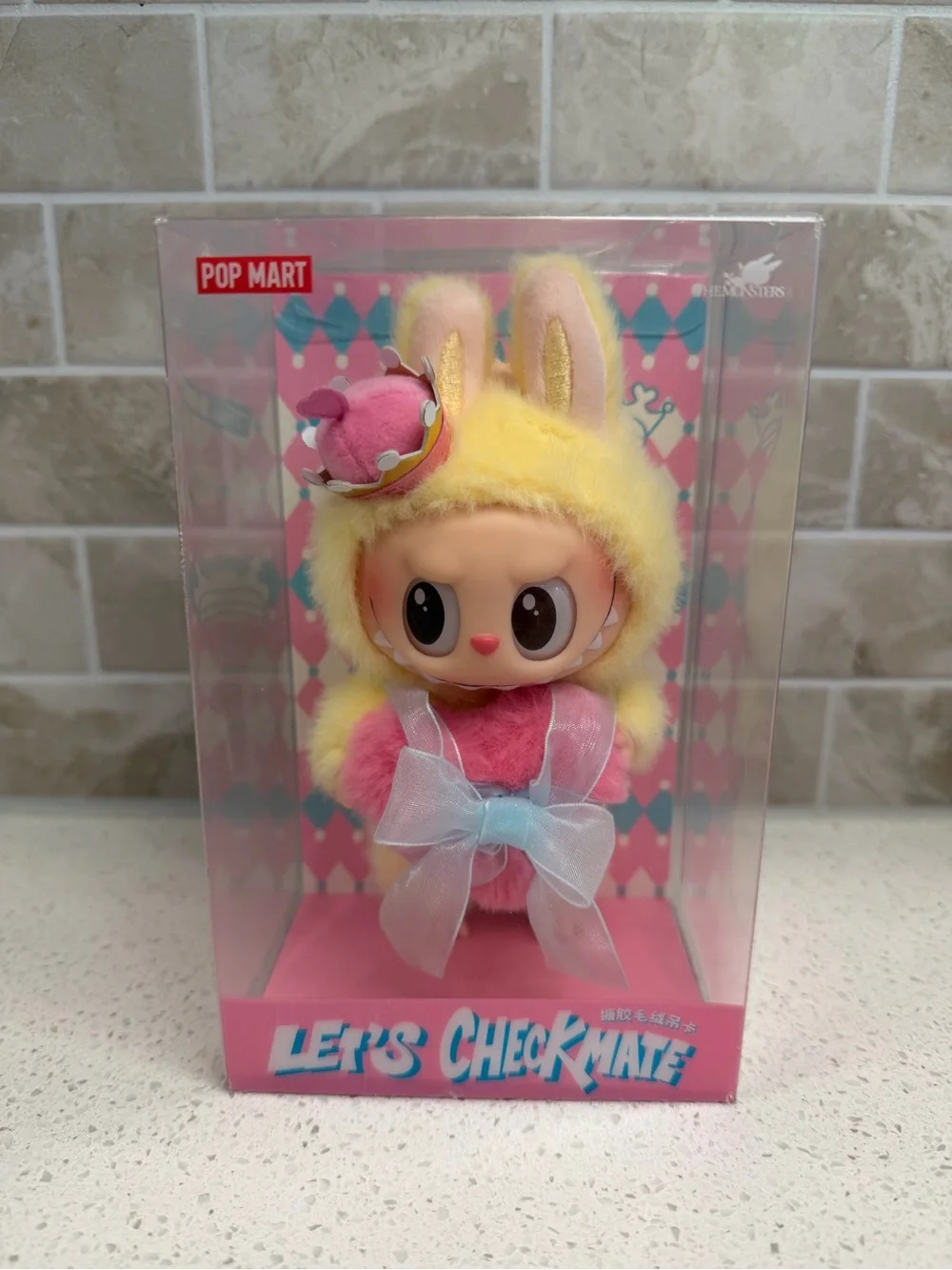 POP MART Let's Checkmate Bunny Labubu Plush in Pink & Yellow